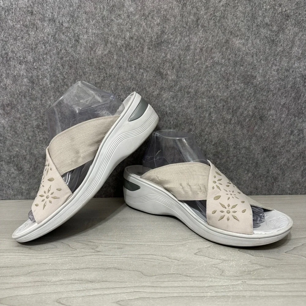 BZees Desire Slide Wedge Sandals Womens 11 Beige‎ Laser Crisscross Stretch